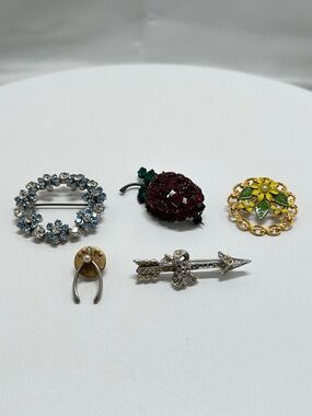 Vintage, Lot Of 5 Brooches, Floral, Cherry, Arrow, Pearl, Crystal